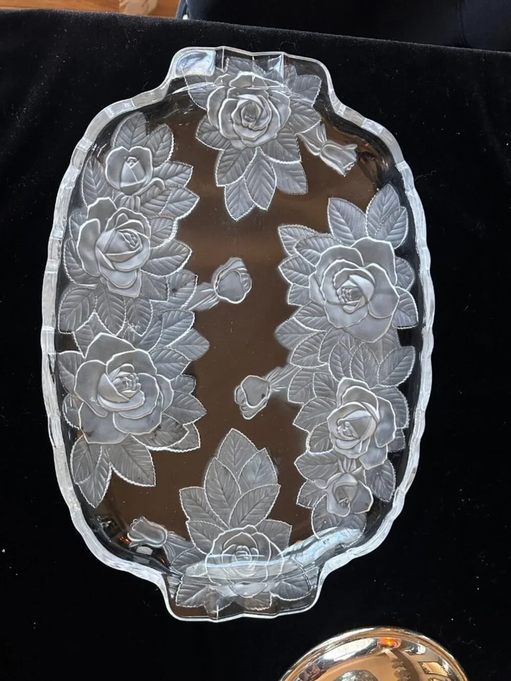 Vintage Mikasa Raised Rose Glass Platter Frosted Floral Tray Footed Snack Bowl